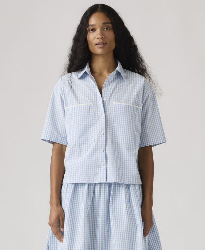 Levi's Premium Women's Novelty Harlie Short-Sleeve Cotton Cropped Shirt - Shelly Check Glacier Lake Cloud Dancer