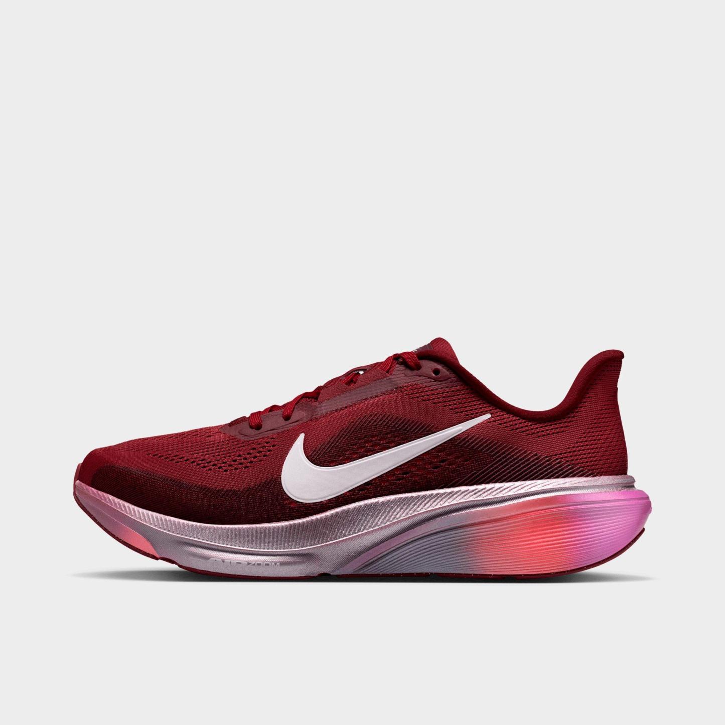 Women's Nithtke Pegasus 42 Running Shoes - Part 1 - Team Red/Atomic Pink/Bordeaux/Barely Green - Left shoe facing left. Outside of the shoe.