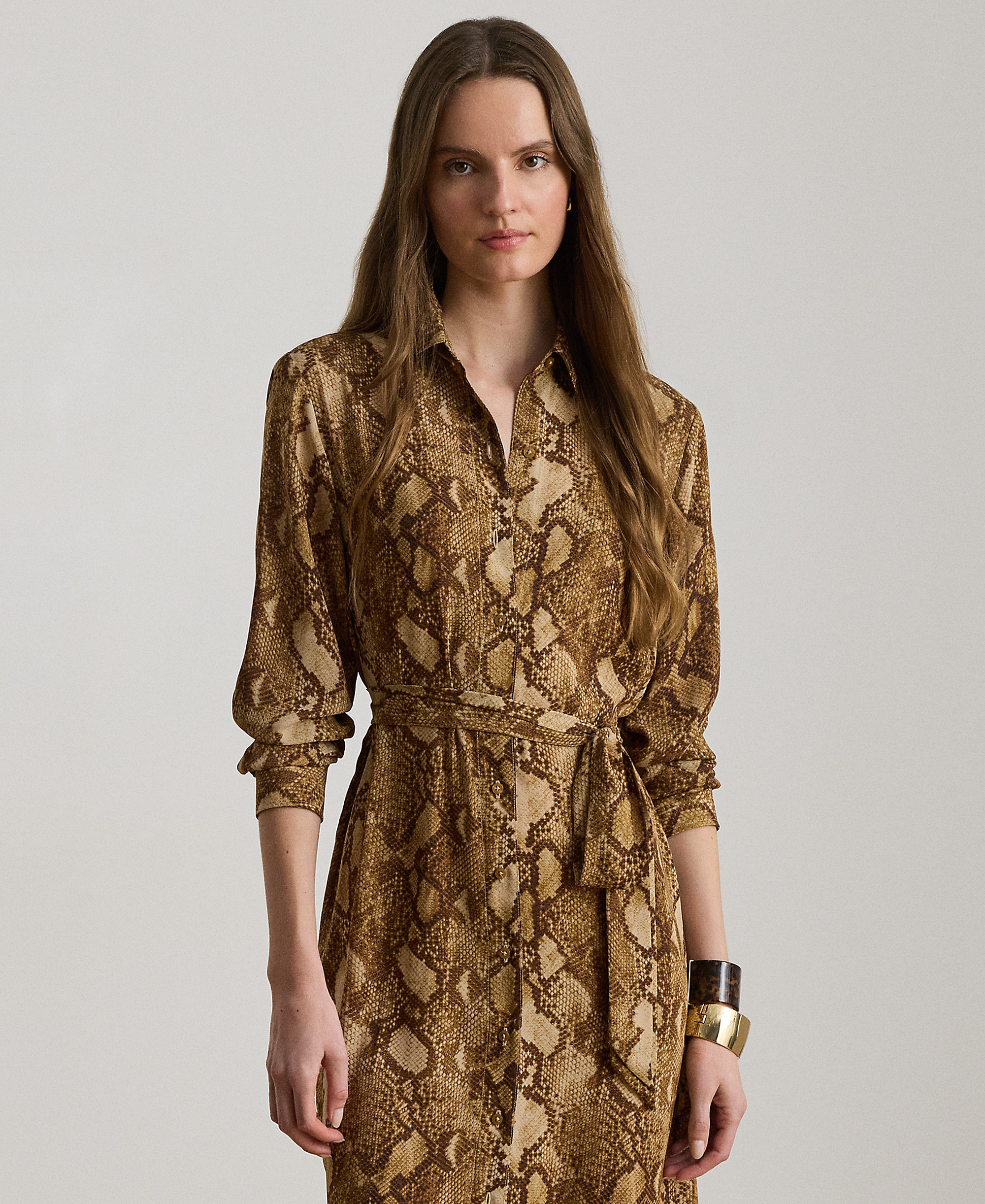 Lauren Ralph Lauren Women's Collared Long-Sleeve Shirt Dress - Tan Multi