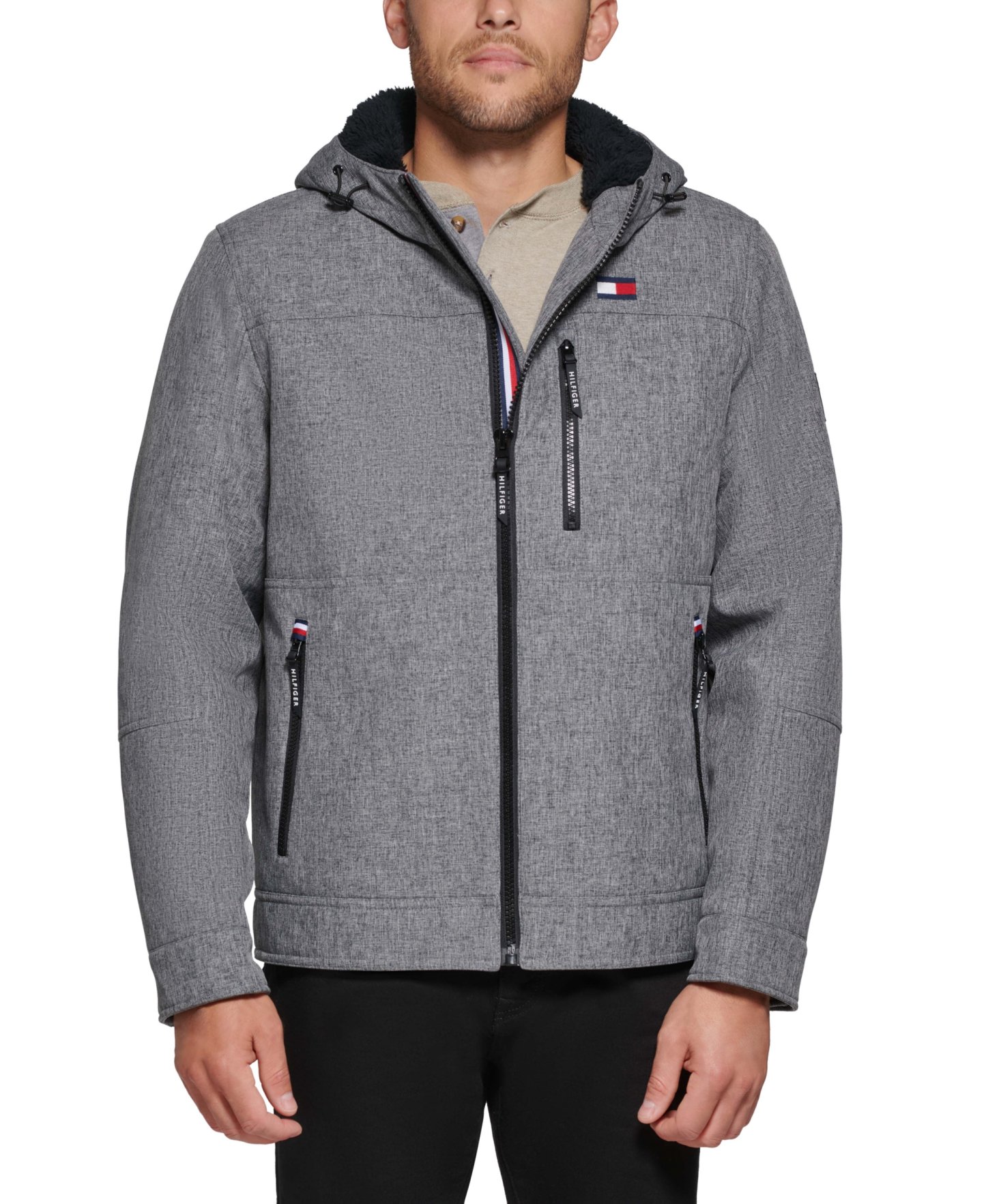 Tommy Hilfiger Men's Sherpa-Lined Softshell Hooded Jacket - Heathery Gray