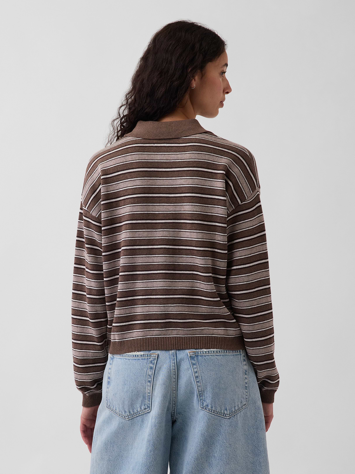 100% Cotton Relaxed Polo Sweater - Brown stripe