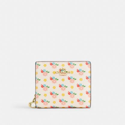 Snap Wallet With Floral Print And Charm - Gold/Chalk Multi