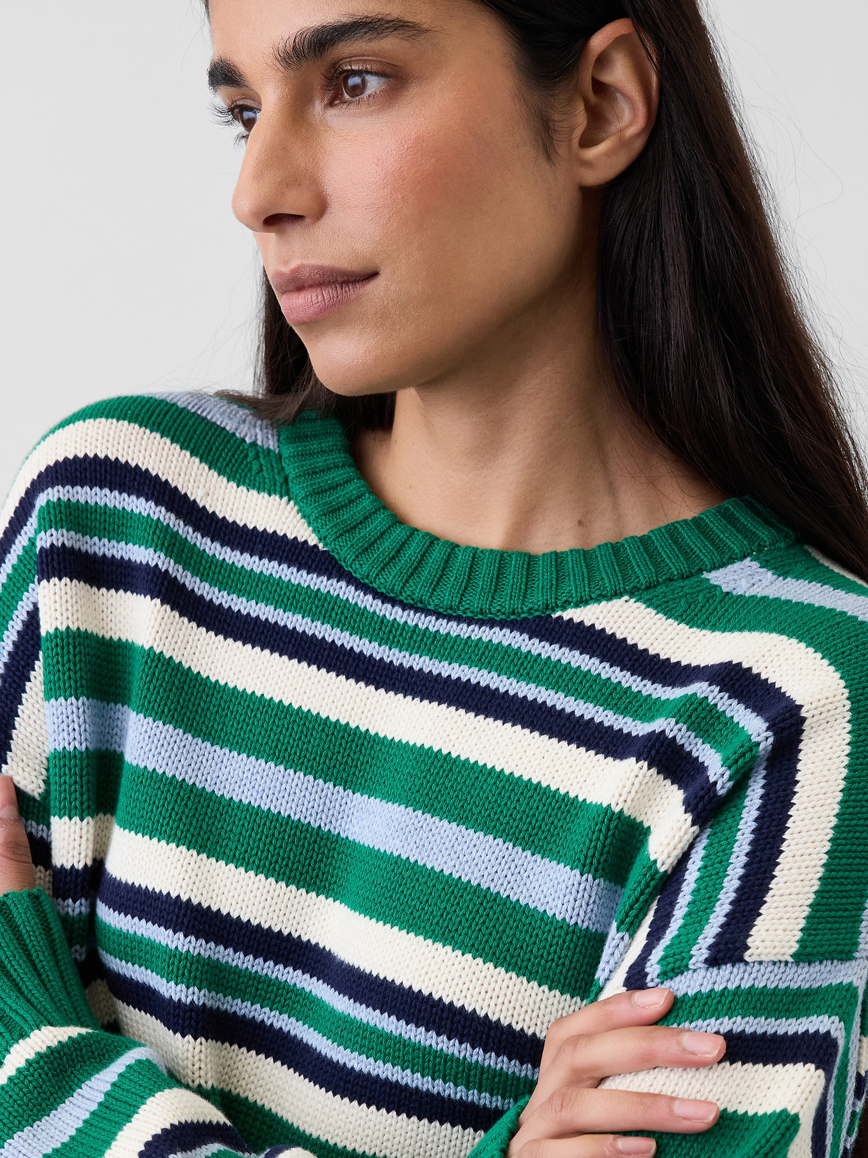 100% Cotton Oversized Crop Sweater - Green & blue stripe