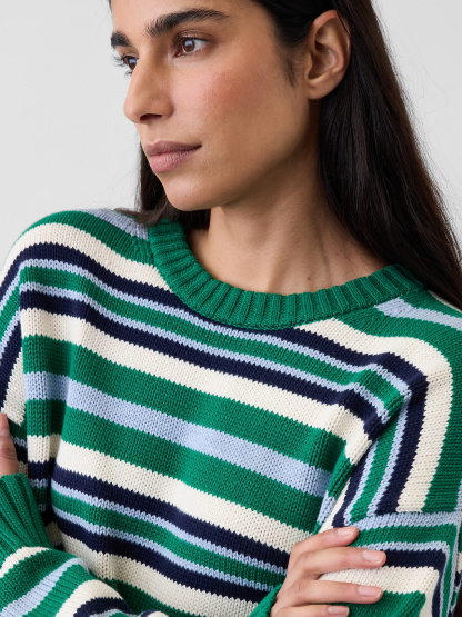 100% Cotton Oversized Crop Sweater - Green & blue stripe