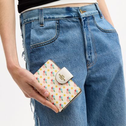 Medium Corner Zip Wallet With Floral Print - Gold/Chalk Multi - view 2