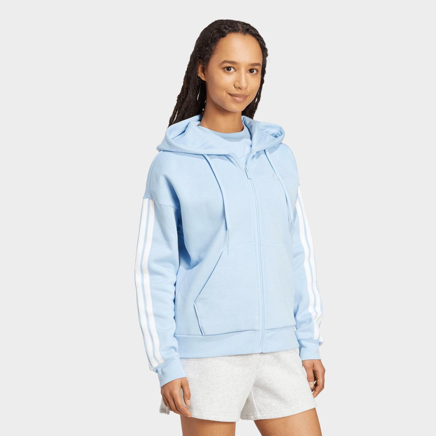 Women's adidas Essentials 3-Stripes Fleece Full-Zip Hoodie - Glow Blue/White