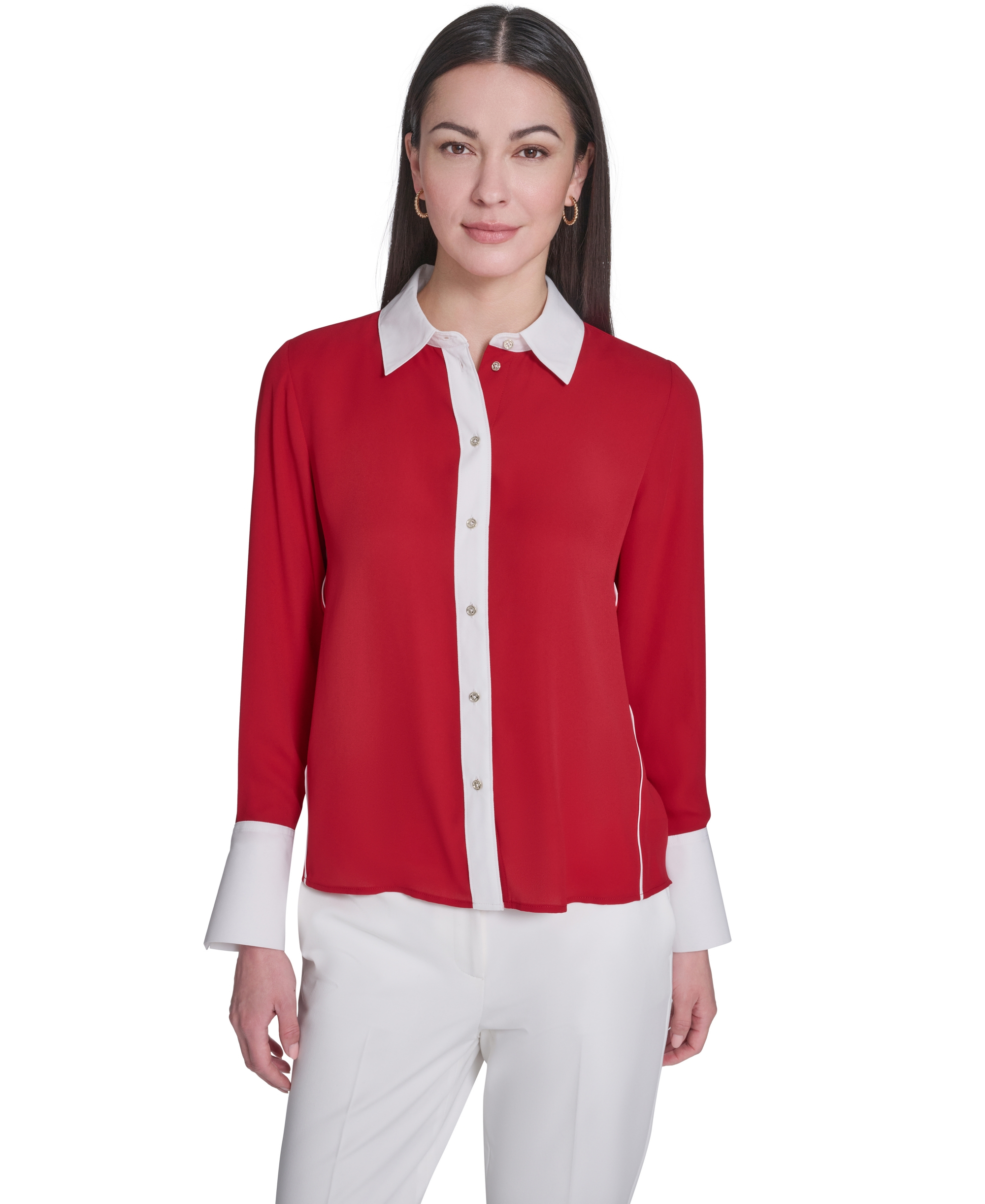 Tommy Hilfiger Women's Slim-Fit Button-Up Top - Scarlet/Ivory