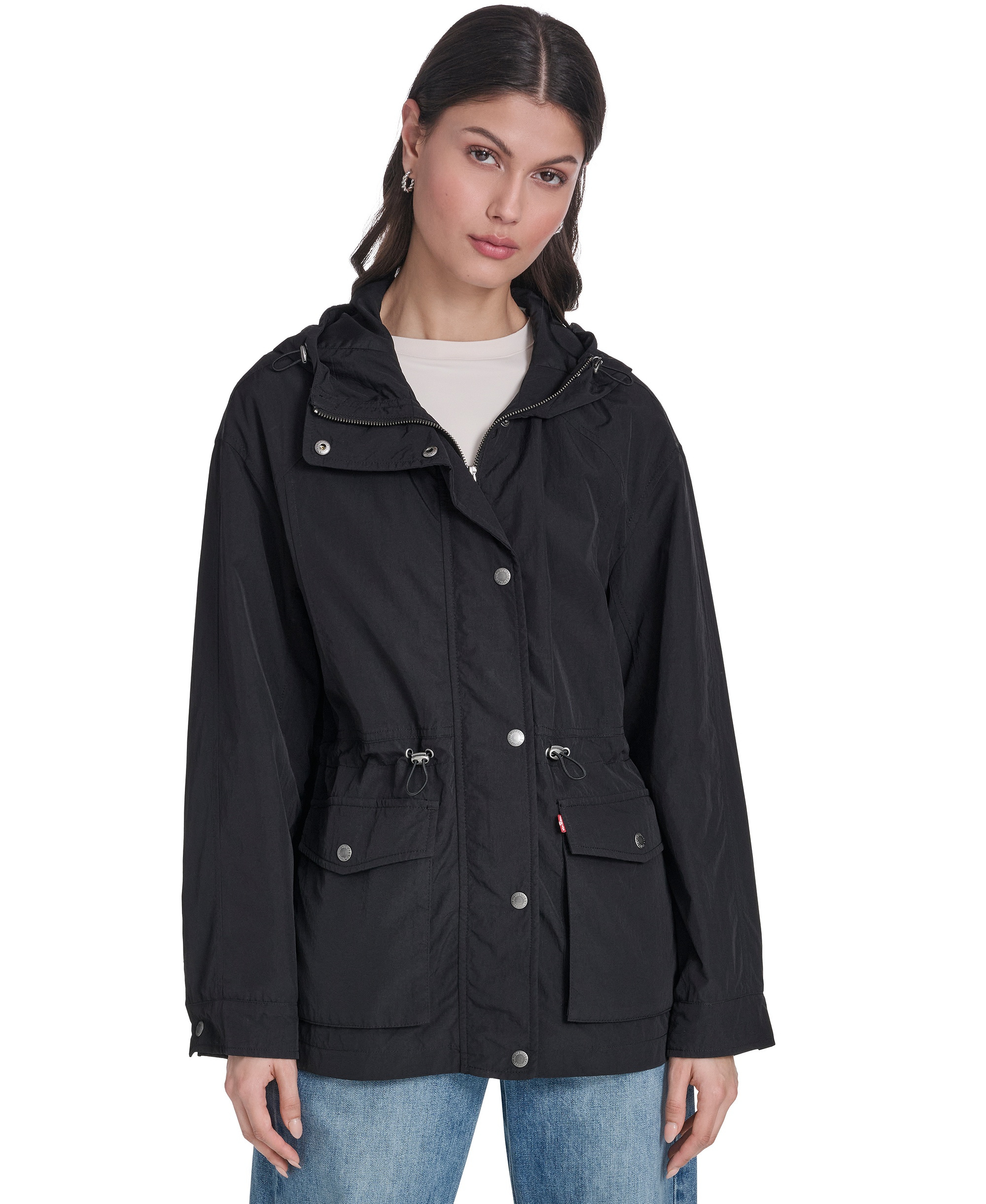 Levi's Women's Cinch-Waist Hooded Rain Anorak Jacket - Black