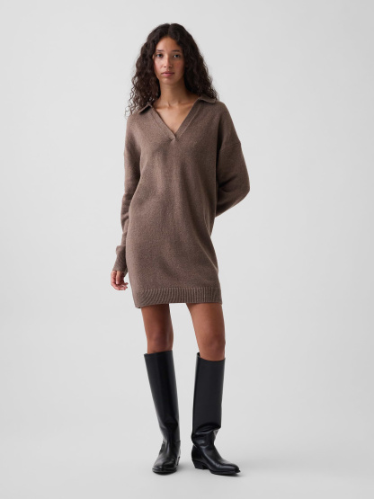 CashSoft Oversized Polo Sweater Mini Dress - Cool brown
