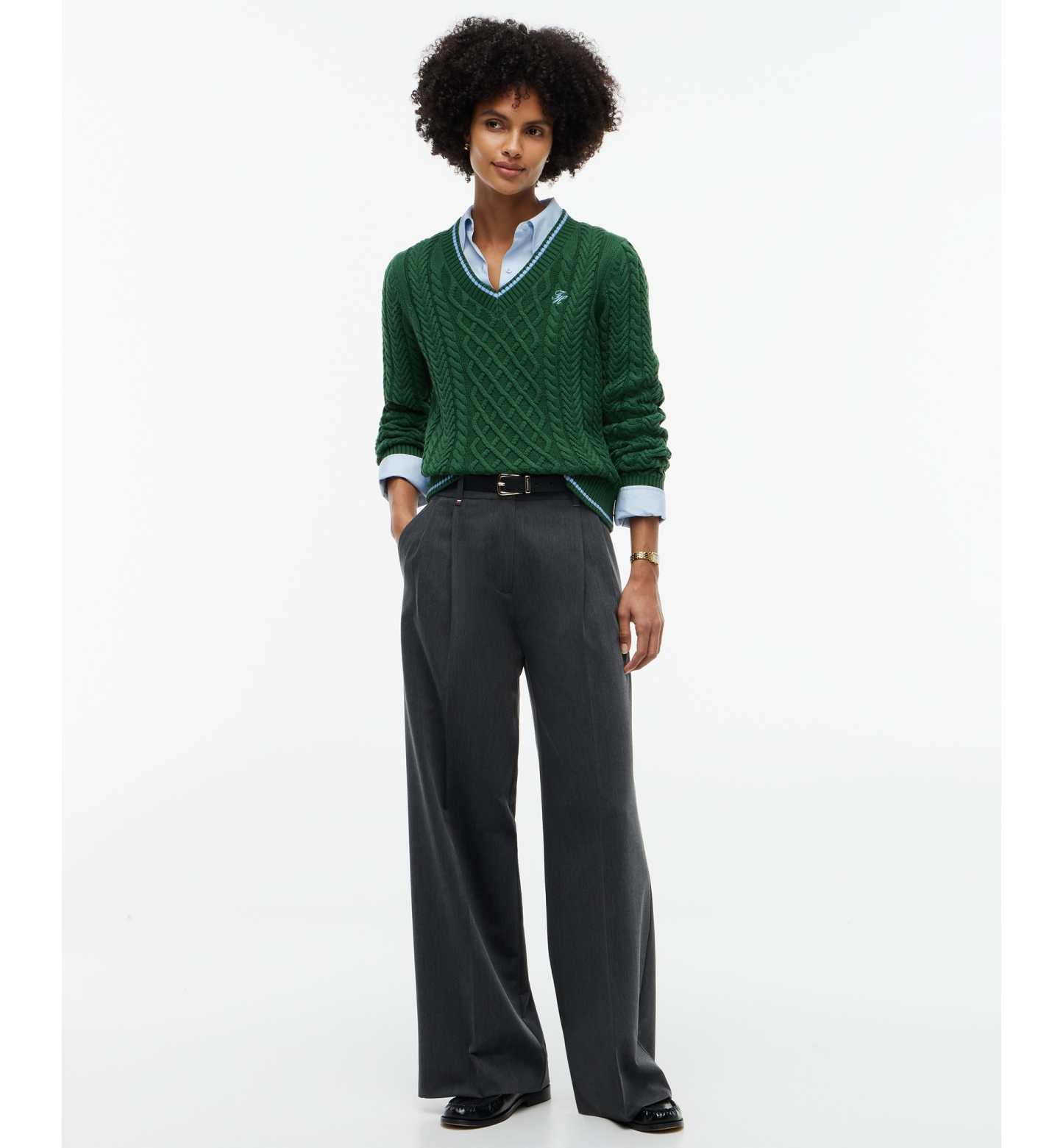 Tommy Hilfiger Women's Cable-Knit V-Neck Sweater - Deep Evergreen