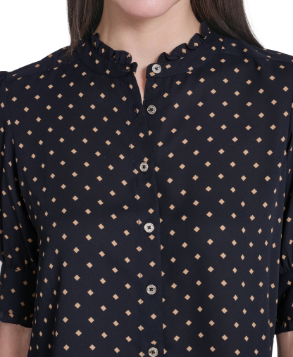 Tommy Hilfiger Women's Collared Ruffle Neck Blouse - Midnight/Tobacco Brown