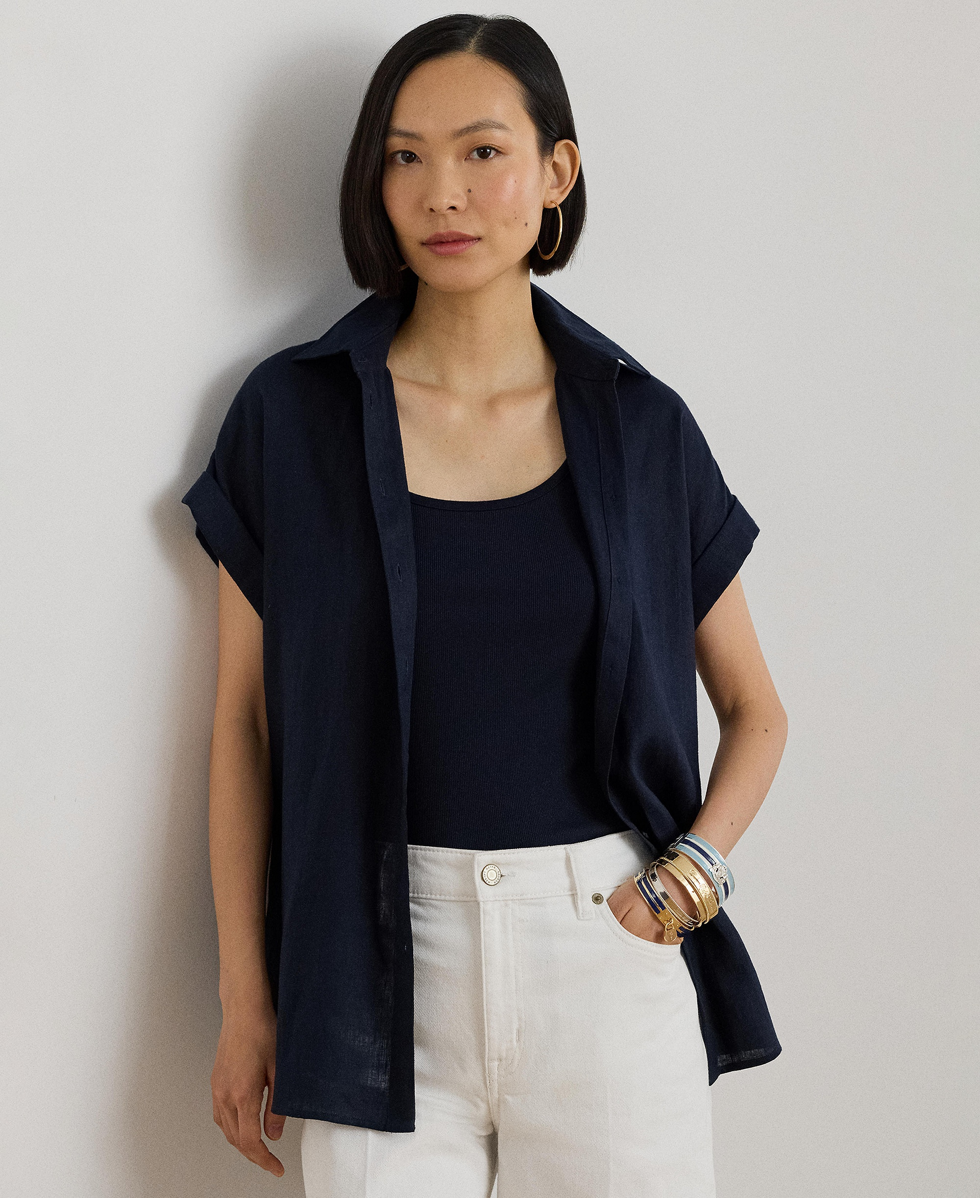 Lauren Ralph Lauren Dolman-Sleeve 100% Linen Shirt - Lauren Navy