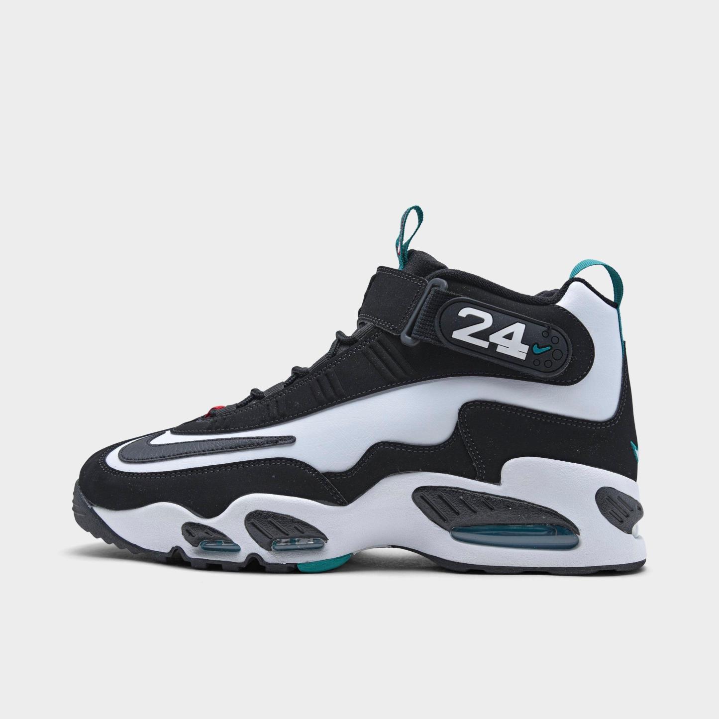 Men's Nithtke Air Griffey Max 1 Casual Shoes - White/Black/Fresh Water/Varsity Red - Left shoe facing left. Outside of the shoe.