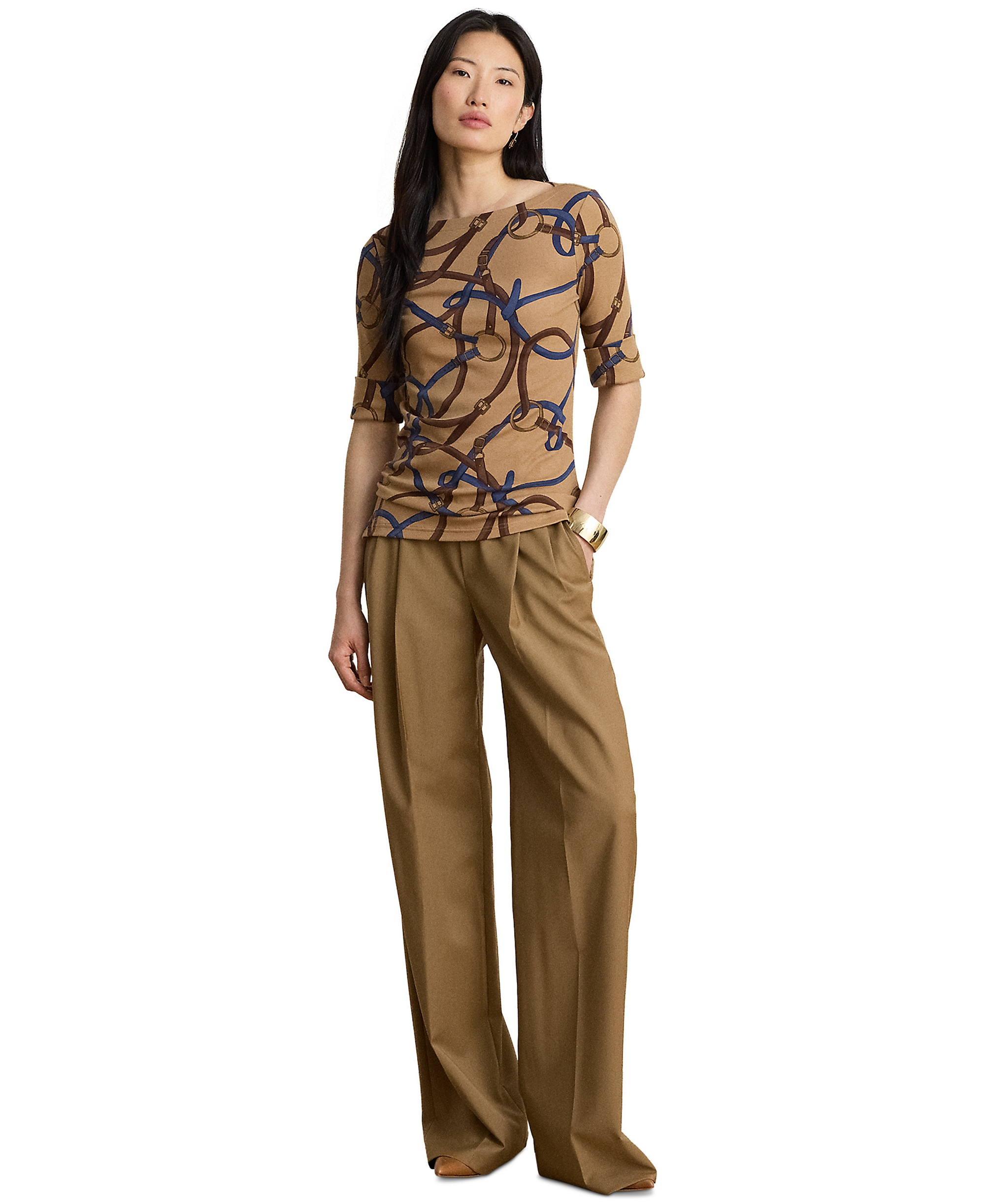 Lauren Ralph Lauren Women's Belting Print Boat Neck Top - Camel Multi