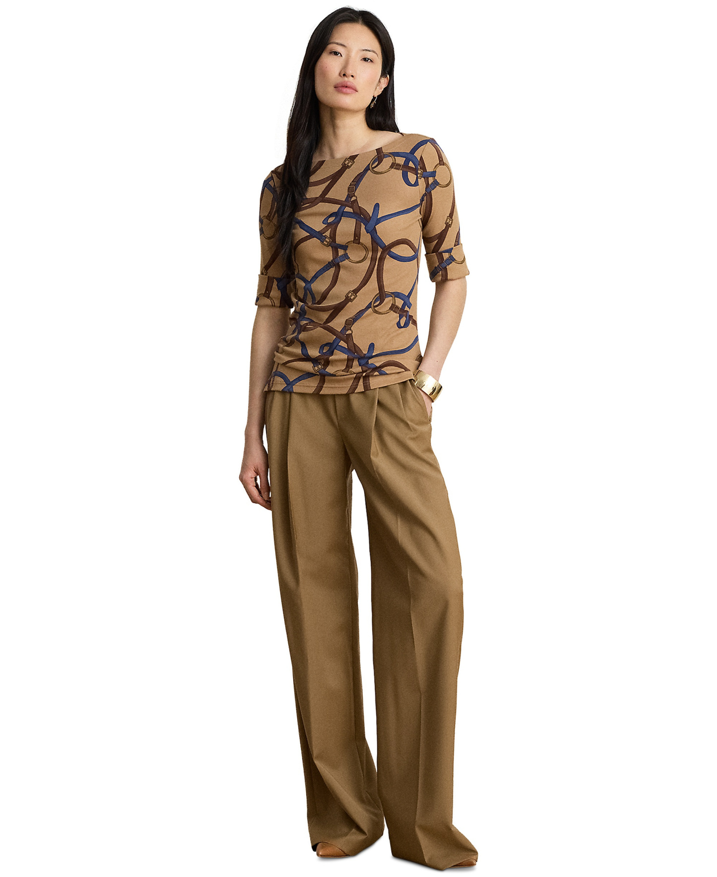 Lauren Ralph Lauren Women's Belting Print Boat Neck Top - Camel Multi