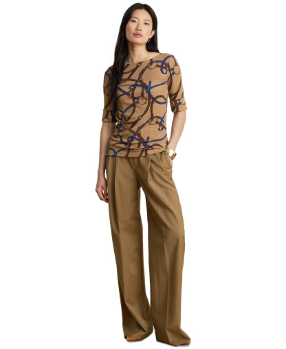 Lauren Ralph Lauren Women's Belting Print Boat Neck Top - Camel Multi