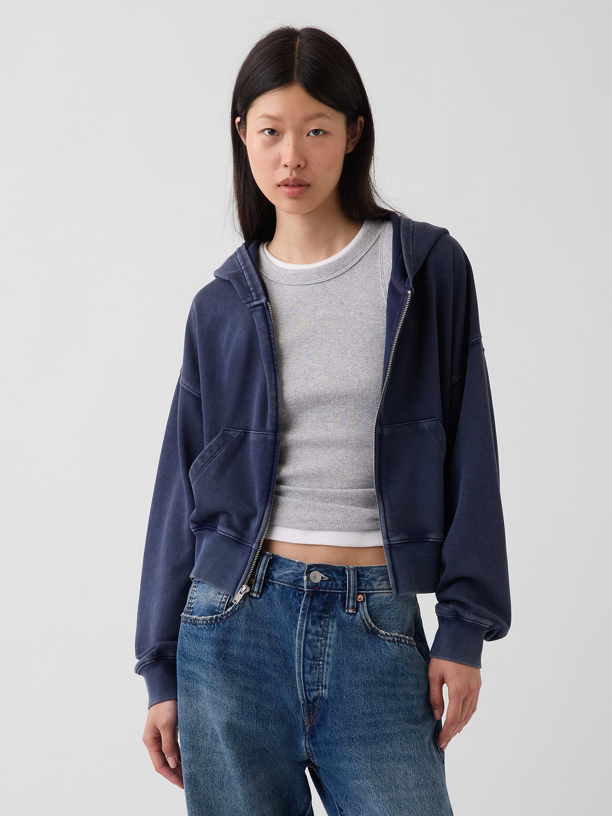 VintageSoft Terry Oversized Wedge Zip Hoodie - Tapestry navy blue wash