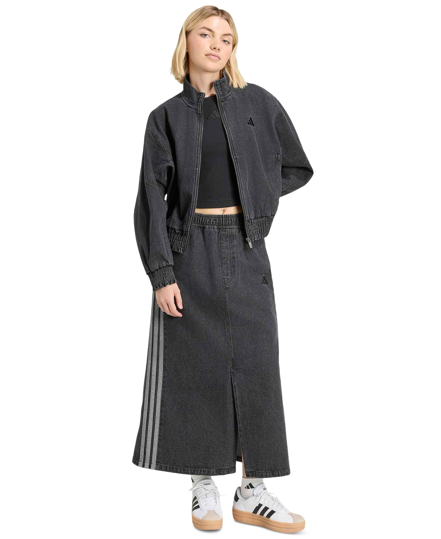 adidas Women's Stadium Washed Denim Bomber Loose-Fit Jacket - Black