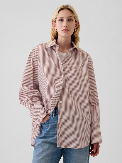 Organic Cotton Poplin Stripe Big Shirt - Red and pink stripe