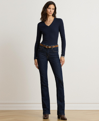 Lauren Ralph Lauren Women's Rib-Knit Long-Sleeve V-Neck Top - Lauren Navy