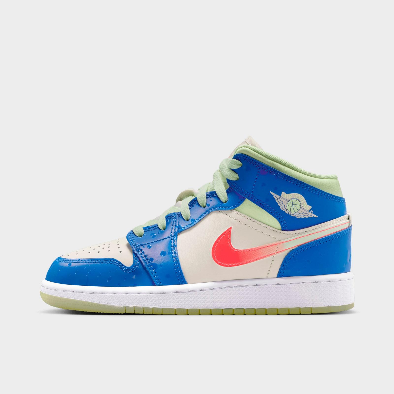Big Kids' Air Jordan Retro 1 Mid SE Casual Shoes - Game Royal/Barely Volt/Infrared 23/Pale Ivory - Left shoe facing left. Outside of the shoe. - view 1