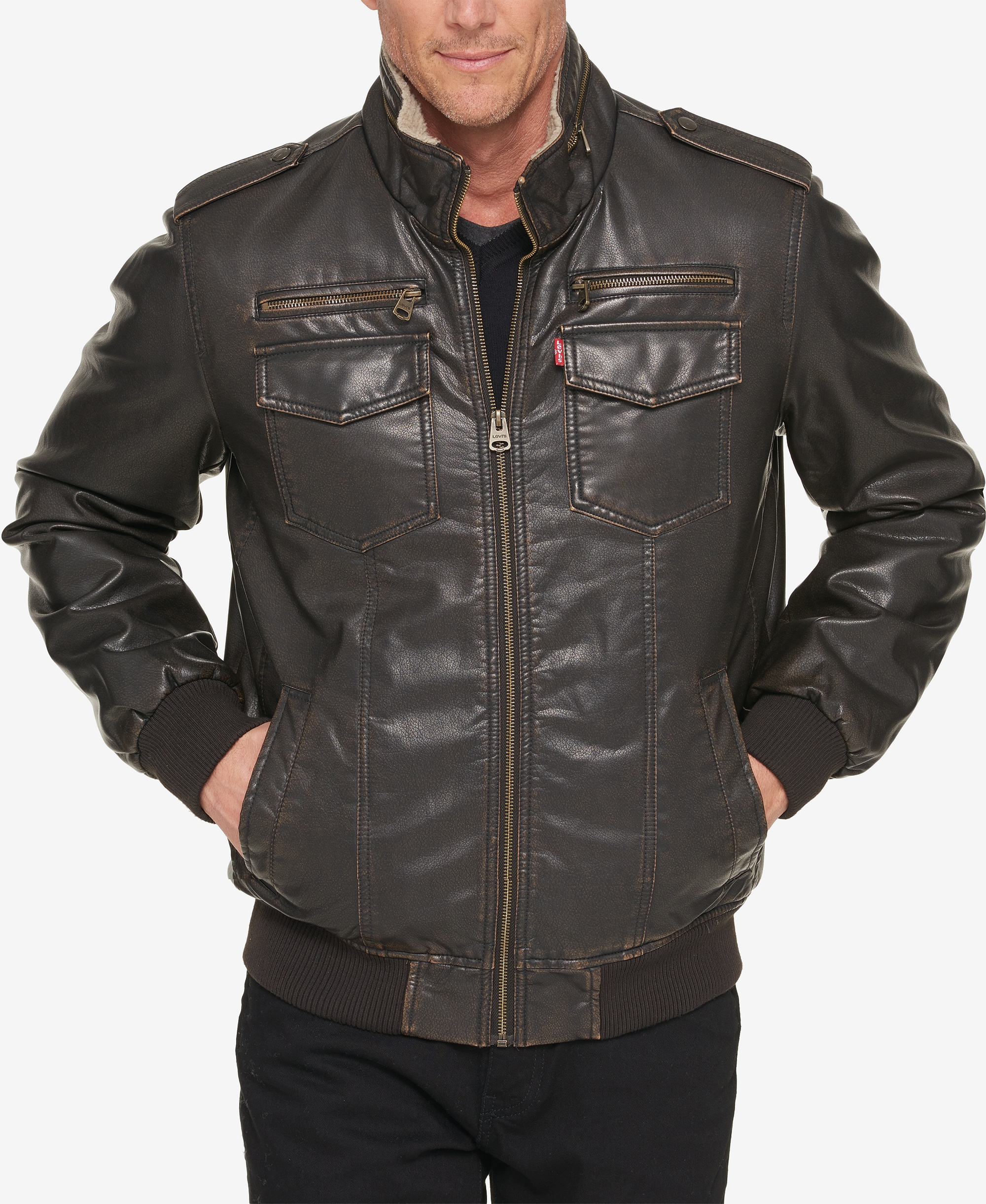 Levi's Men's Sherpa Lined Faux Leather Aviator Bomber - Dark Brown