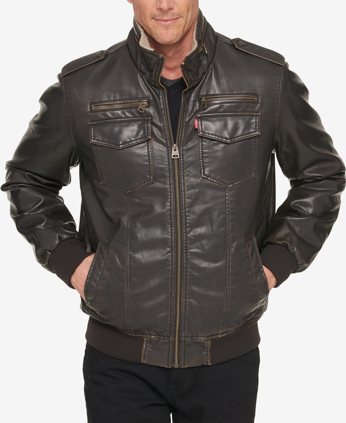 Levi's Men's Sherpa Lined Faux Leather Aviator Bomber - Dark Brown