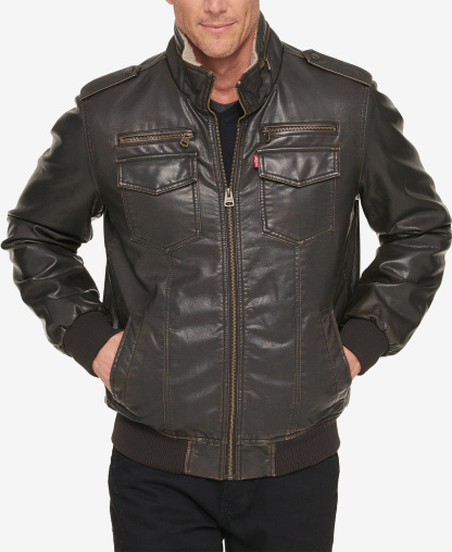 Levi's Men's Sherpa Lined Faux Leather Aviator Bomber - Dark Brown