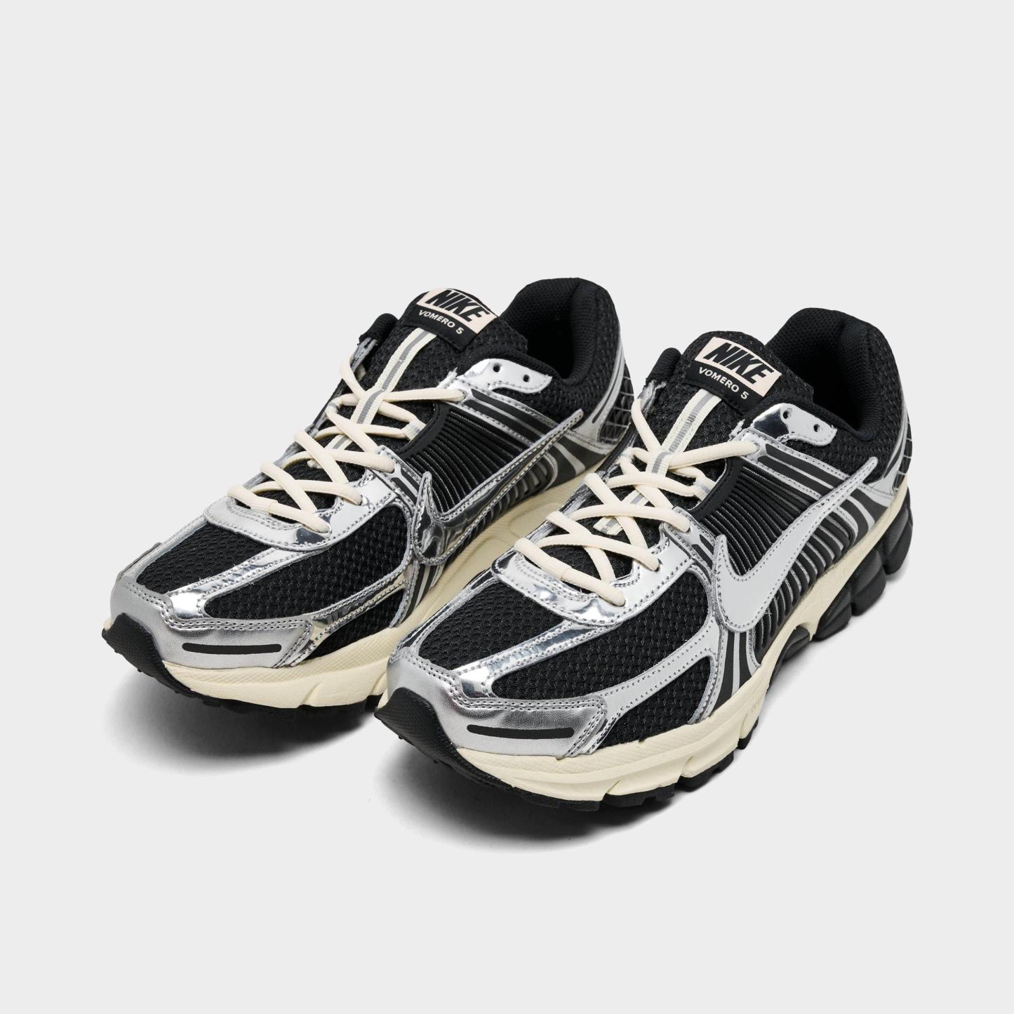 Men's Nithtke Zoom Vomero 5 Casual Shoes - Part 1 - Black/Metallic Silver/Coconut Milk/Chrome - Both shoes facing left