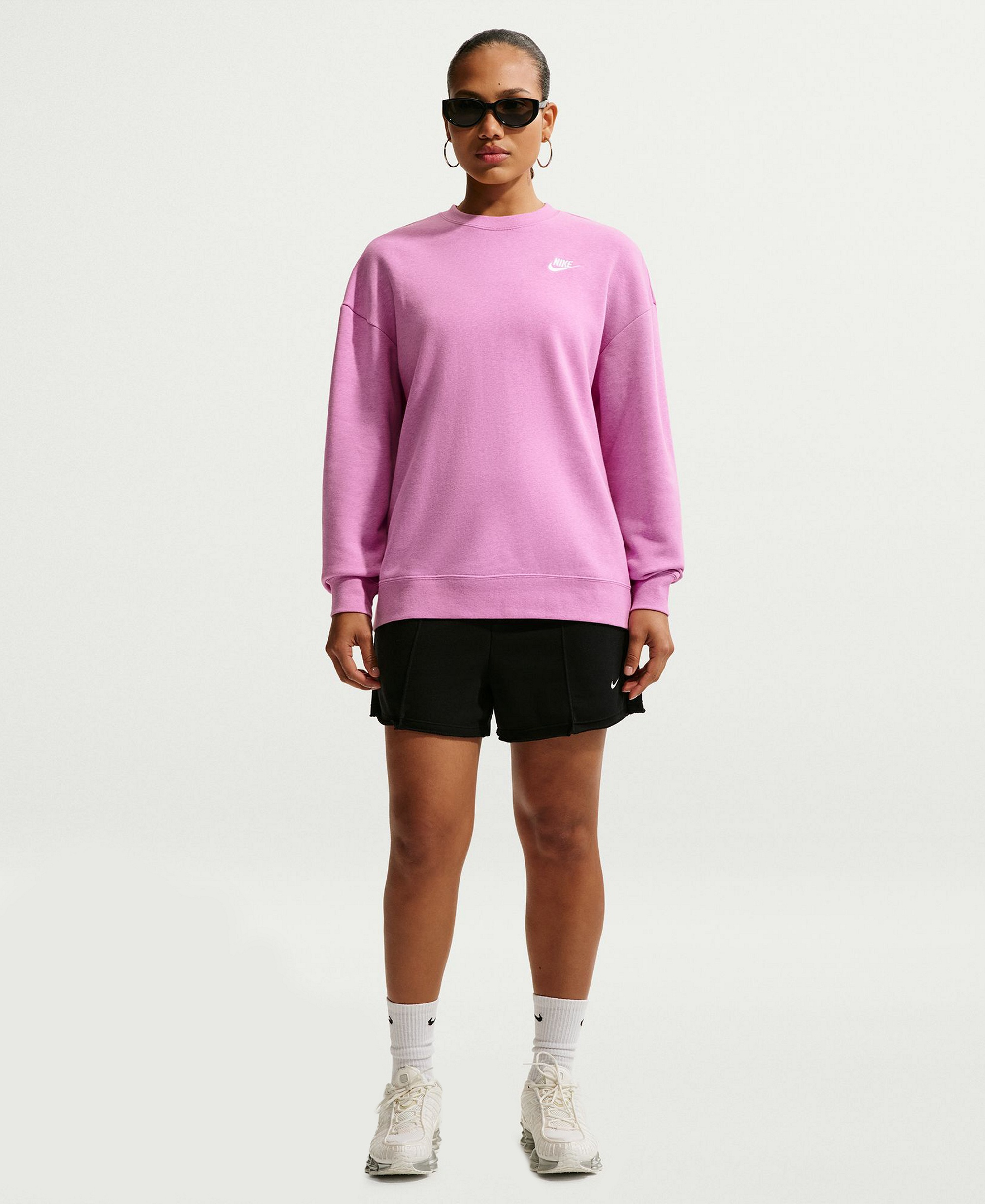 Nike Women's Sportswear Club Fleece Loose Crewneck Sweatshirt - Light Magenta/White
