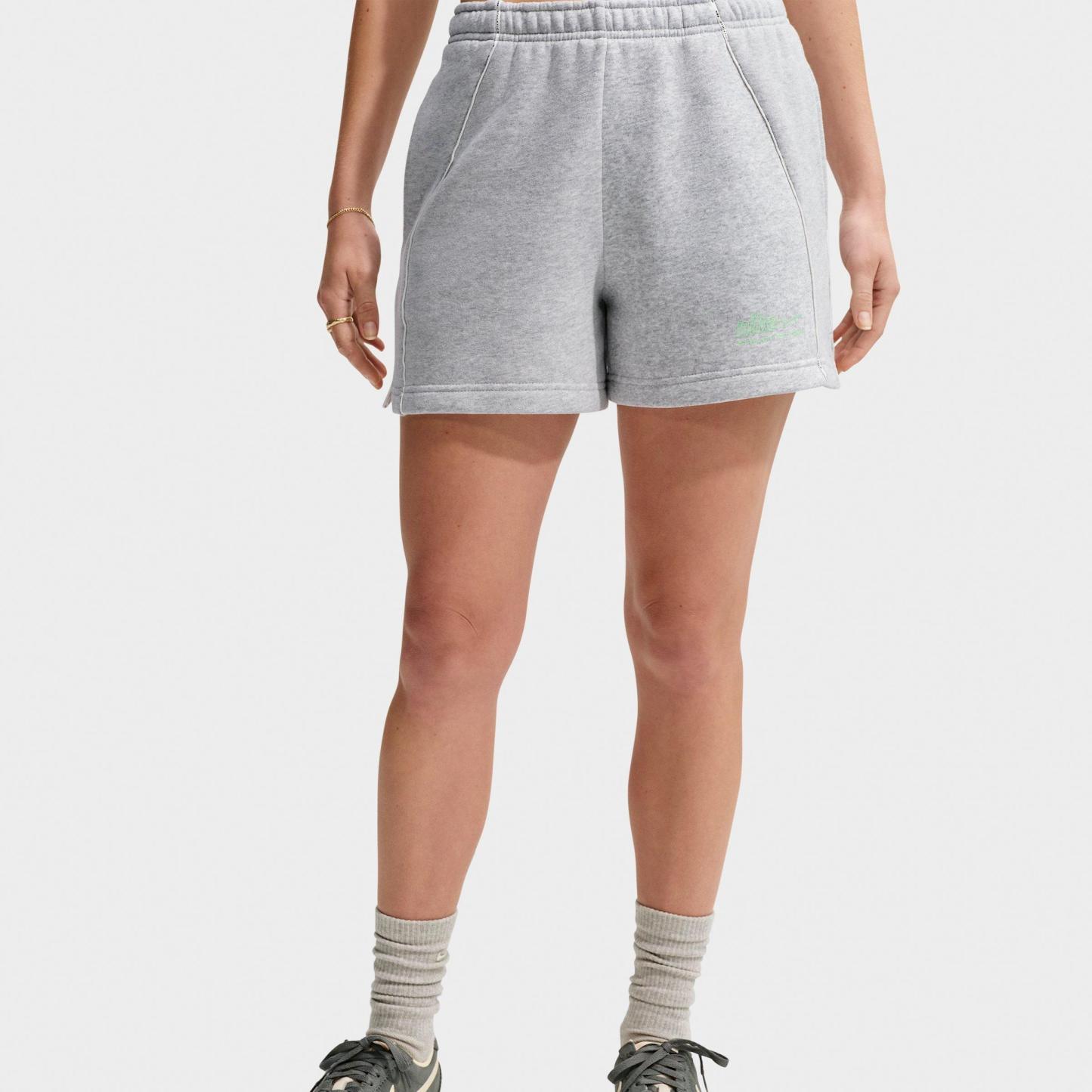Women's Nithtke Studio Fleece Medium-Weight "Graphic Pack" Mid-Rise Shorts - Grey Heather/Illusion Green