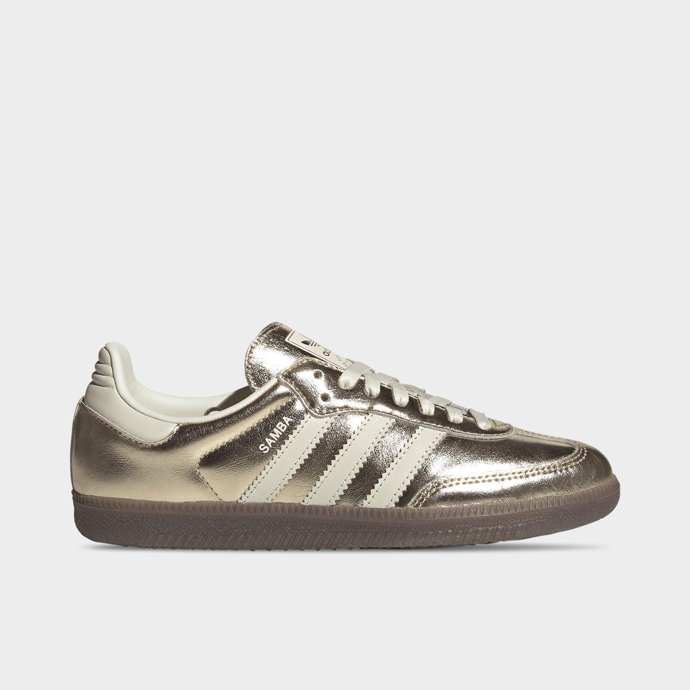 Women's adidas Originals Samba OG Casual Shoes - Part 4 - Gold Metallic/Off White/Gum - Left shoe facing left. Outside of the shoe.