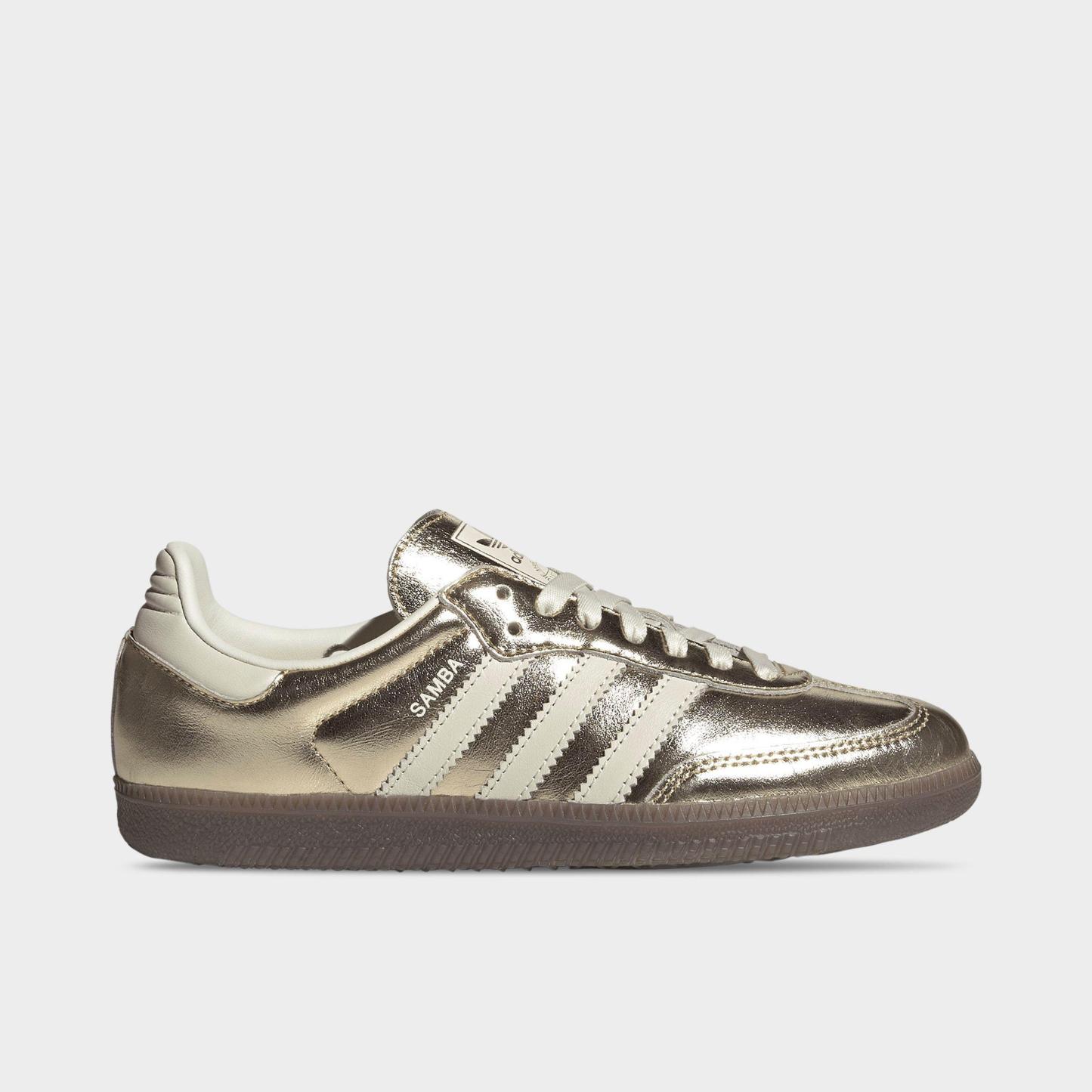Women's adidas Originals Samba OG Casual Shoes - Part 4 - Gold Metallic/Off White/Gum - Left shoe facing left. Outside of the shoe.
