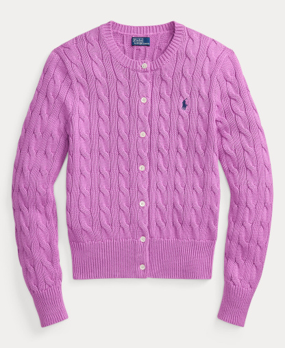 Polo Ralph Lauren Women's Cable-Knit Cotton Crewneck Cardigan Sweater - Thistle Pink