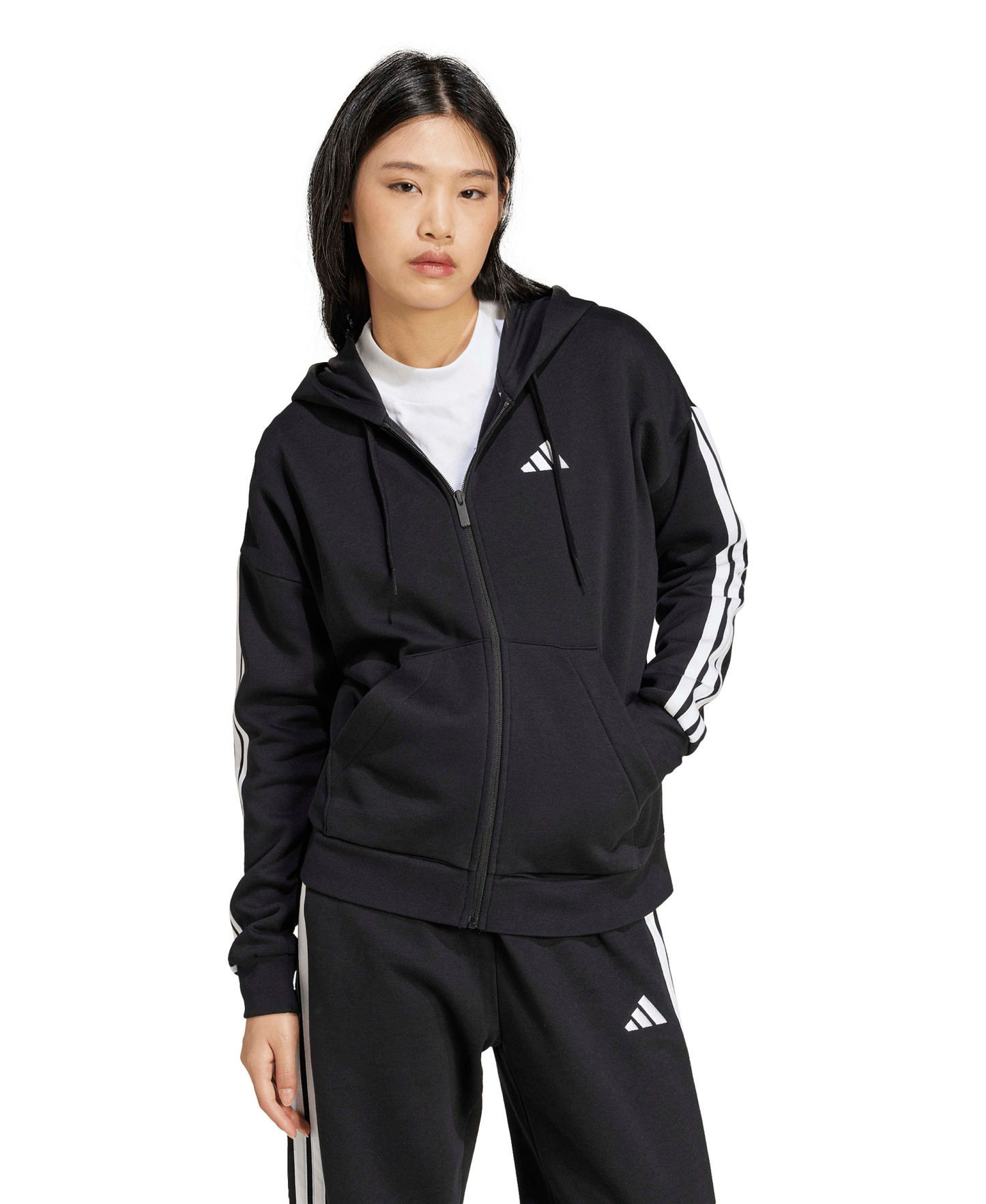 adidas Women's 3-Stripe Fleece Full-Zip Hoodie - Black/White