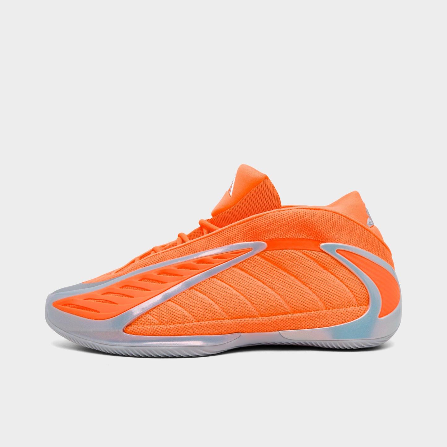 Men's adidas Anthony Edwards 2 Basketball Shoes - Lucid Orange/Silver Metallic/Grey - Left shoe facing left. Outside of the shoe.