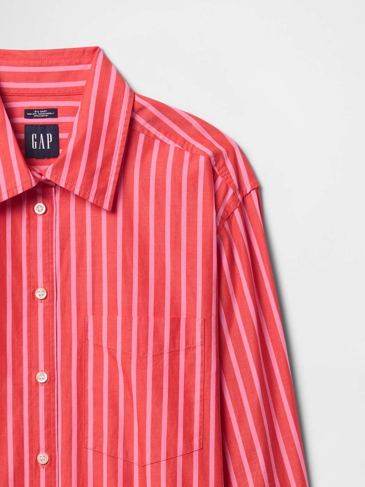 Organic Cotton Poplin Stripe Big Shirt - Pink and red stripe