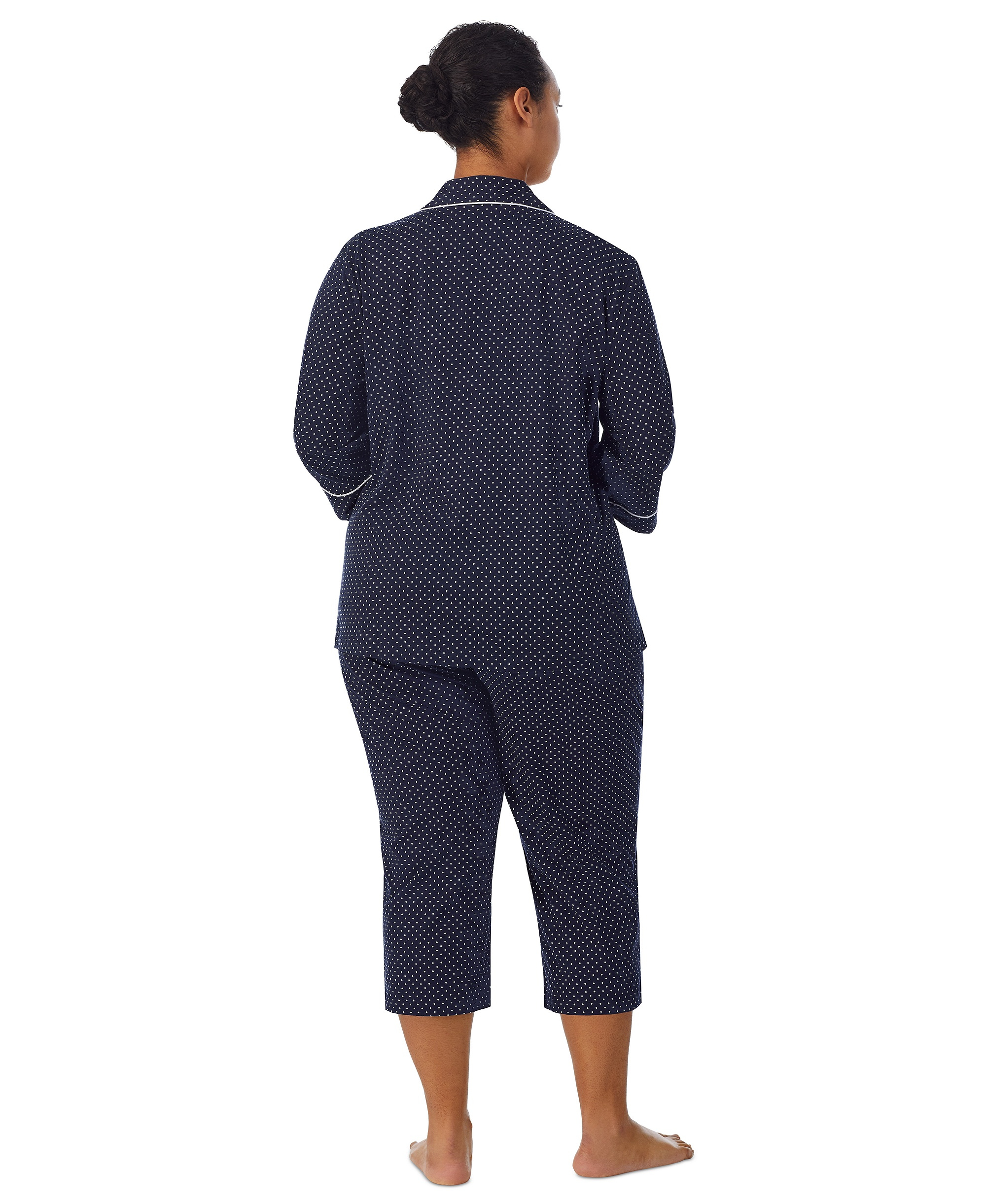 Lauren Ralph Lauren Womens 3/4 Sleeve Cotton Notch Collar Capri Pant Pajama Set - Navy Dot