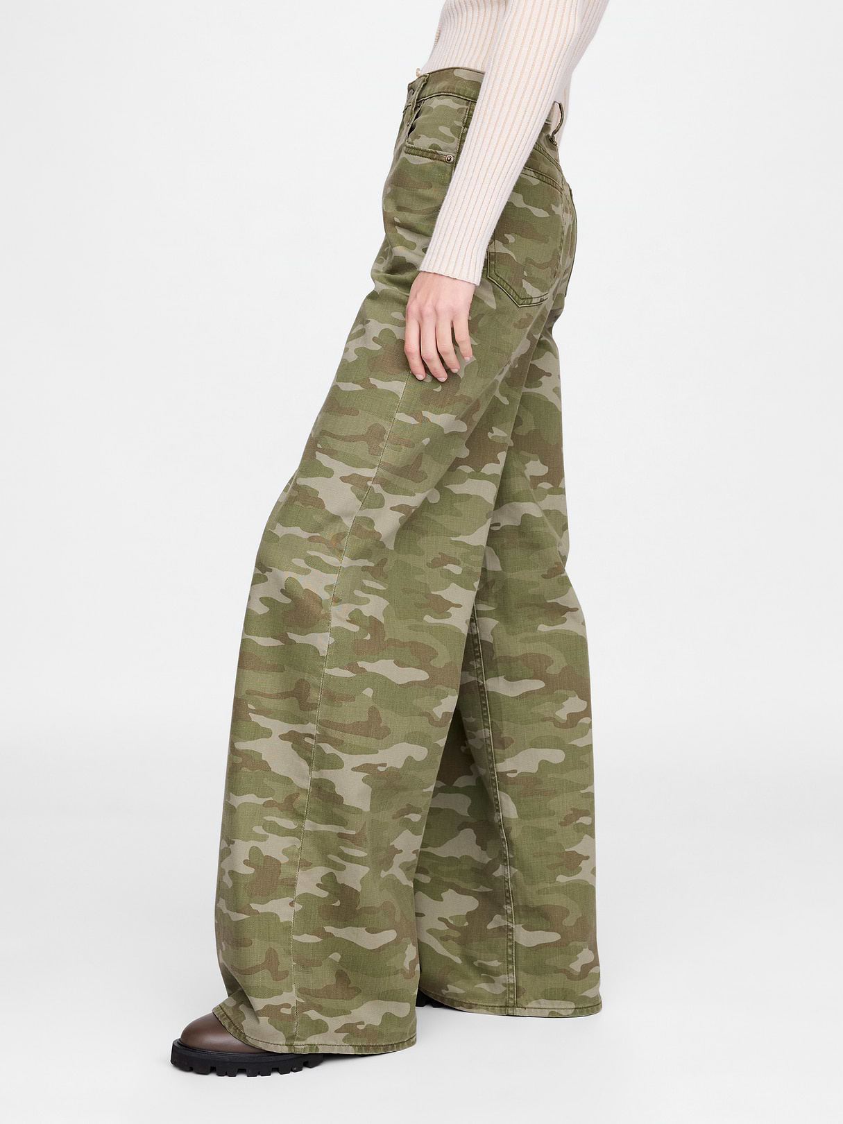Mid Rise Denim Stripe Baggy Jeans - Green camo