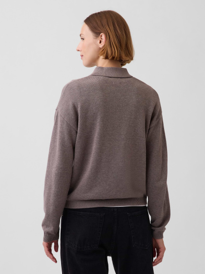 100% Cotton Relaxed Polo Sweater - Toasted almond brown