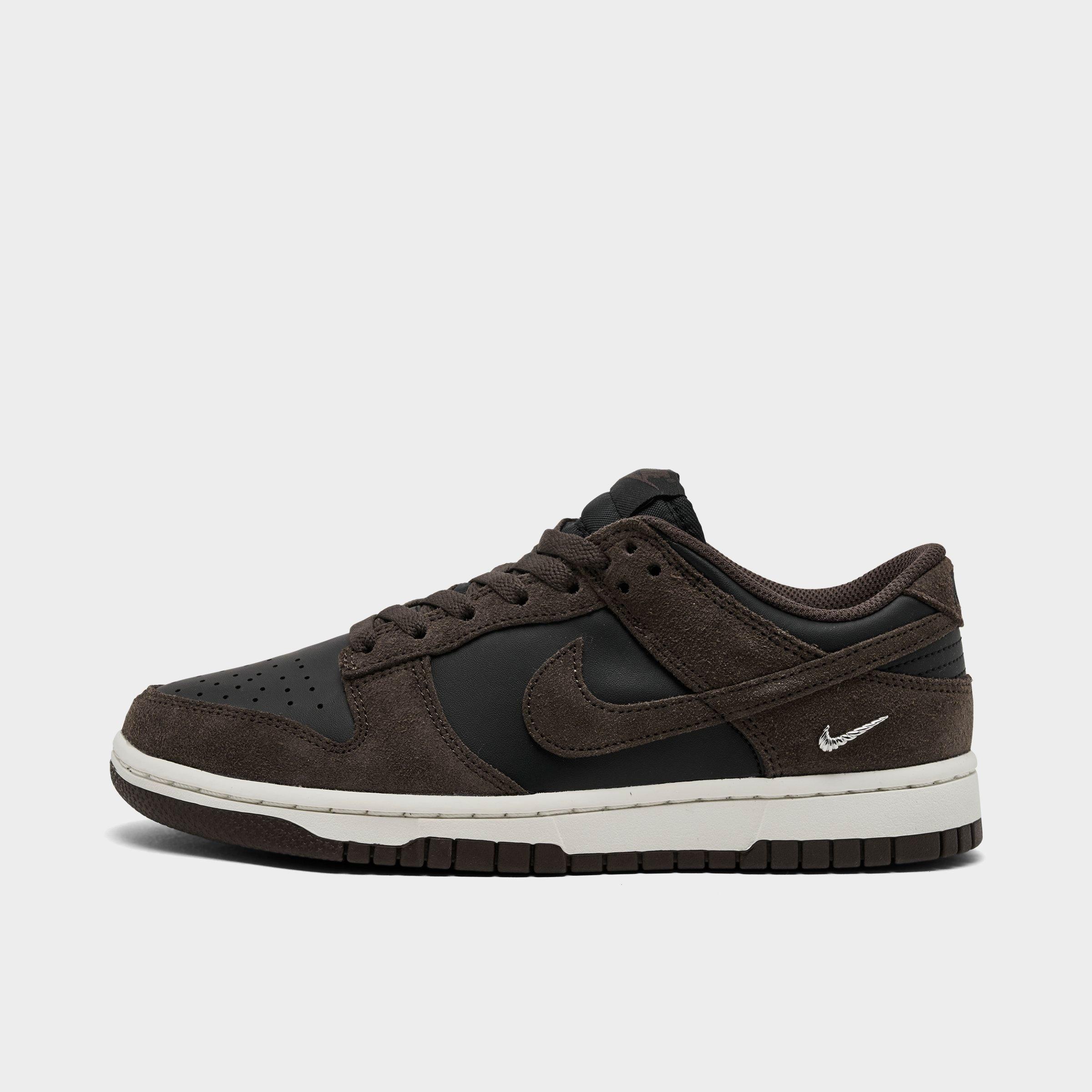 Women's Nithtke Dunk Low Mini Swoosh Casual Shoes - Black/Sail/Metallic Silver/Baroque Brown - Left shoe facing left. Outside of the shoe.