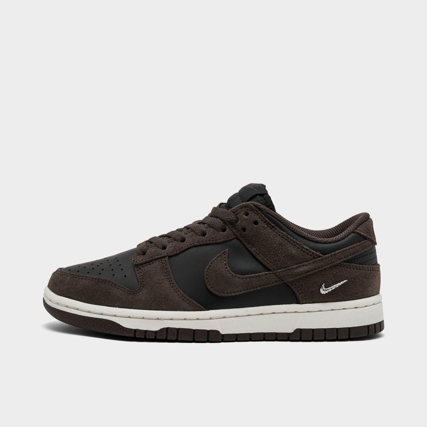 Women's Nithtke Dunk Low Mini Swoosh Casual Shoes - Black/Sail/Metallic Silver/Baroque Brown - Left shoe facing left. Outside of the shoe.