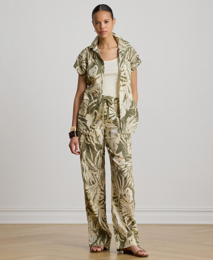 Lauren Ralph Lauren Women's Mid-Rise Palm-Frond-Print Wide-Leg Pants - Olive Multi