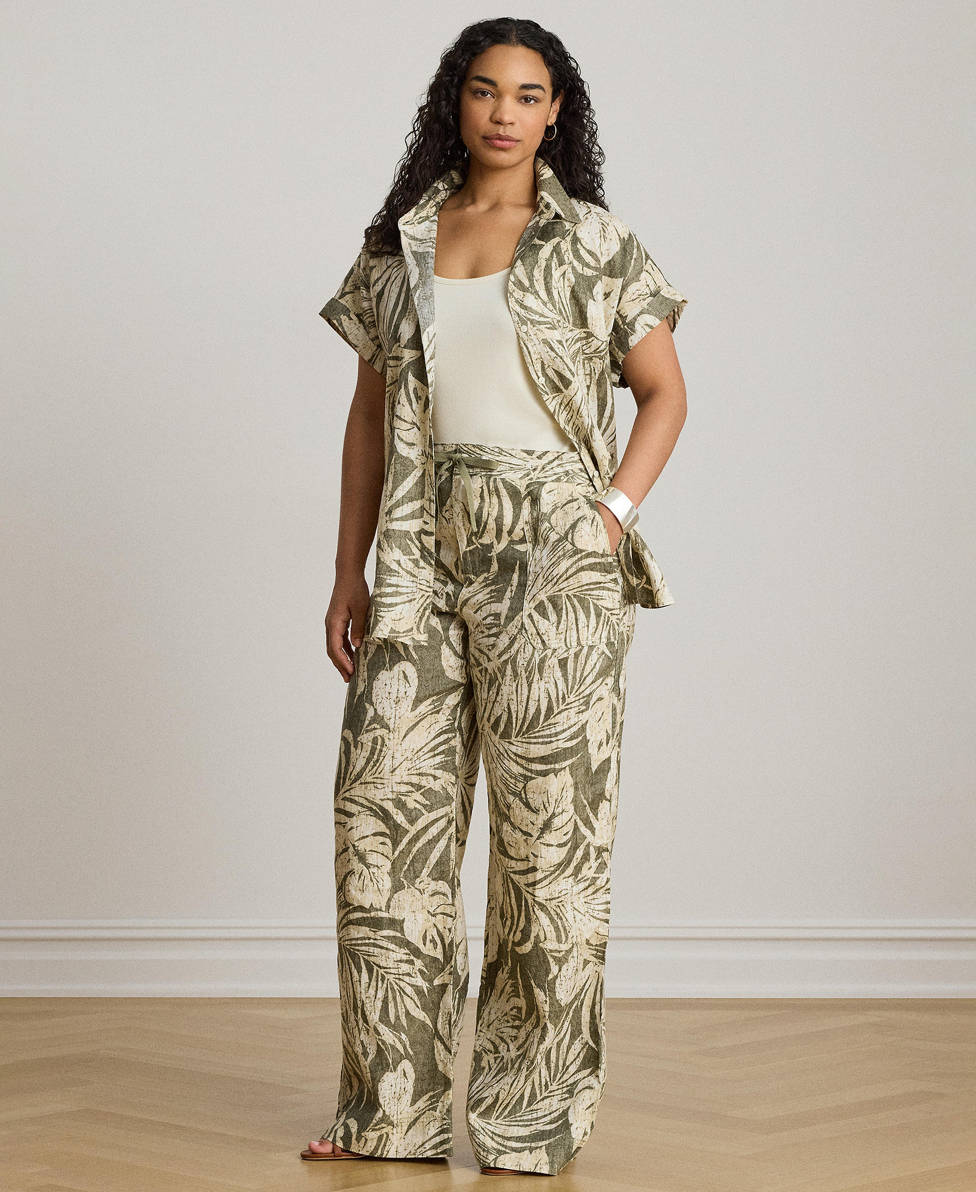Lauren Ralph Lauren Women's Mid-Rise Palm-Frond-Print Wide-Leg Pants - Olive Multi