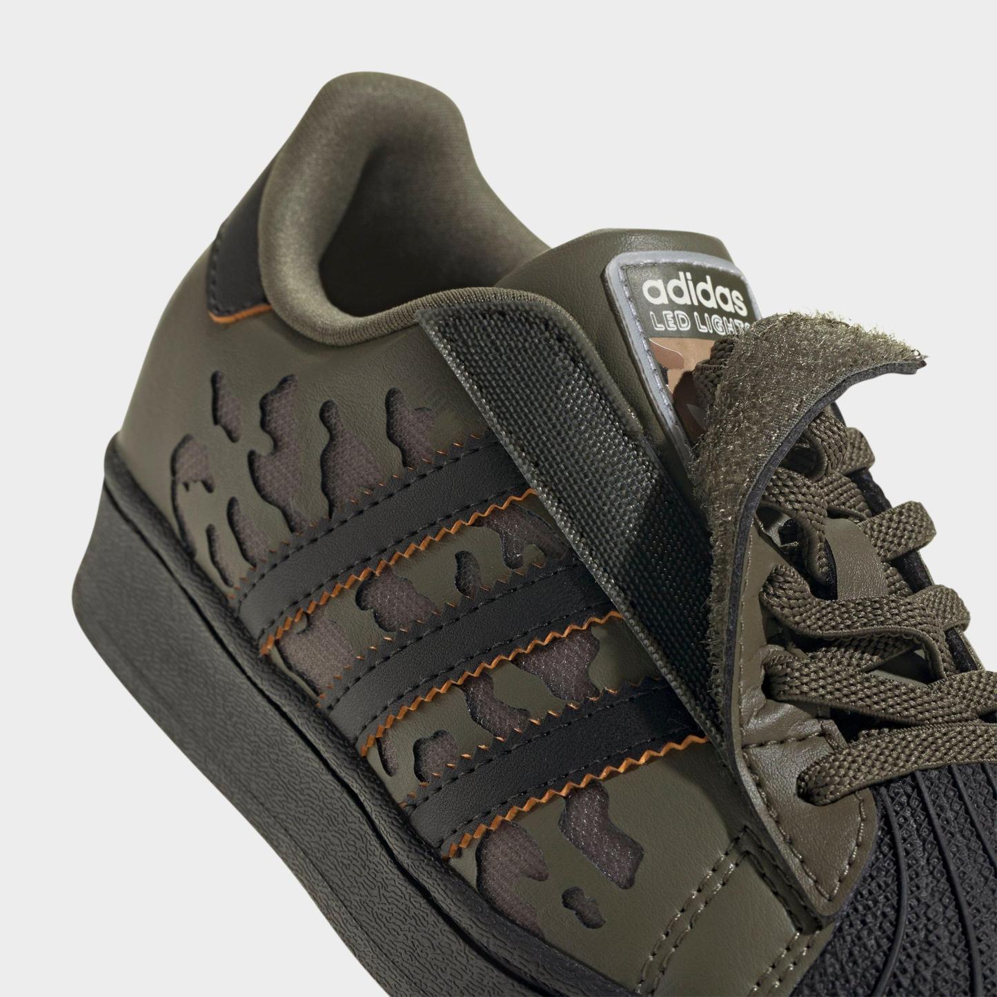 Kids' Toddler adidas Originals Superstar LED Lights Comfort Closure Stretch Lace Casual Shoes - Silver Pebble/Olive Strata/Core Black - Detail shot