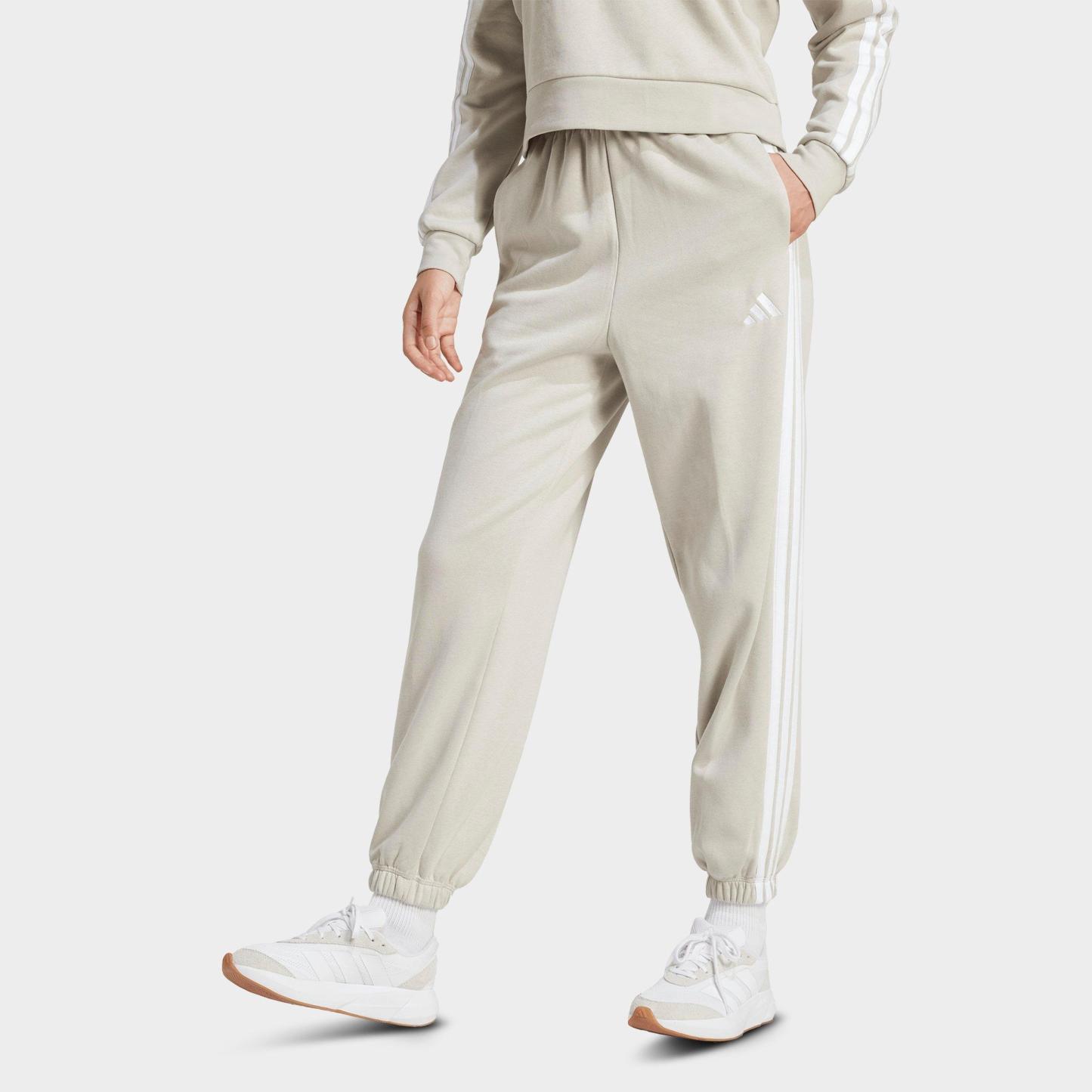 Women's adidas Essentials 3-Stripes Fleece Loose Pants - Beige/White