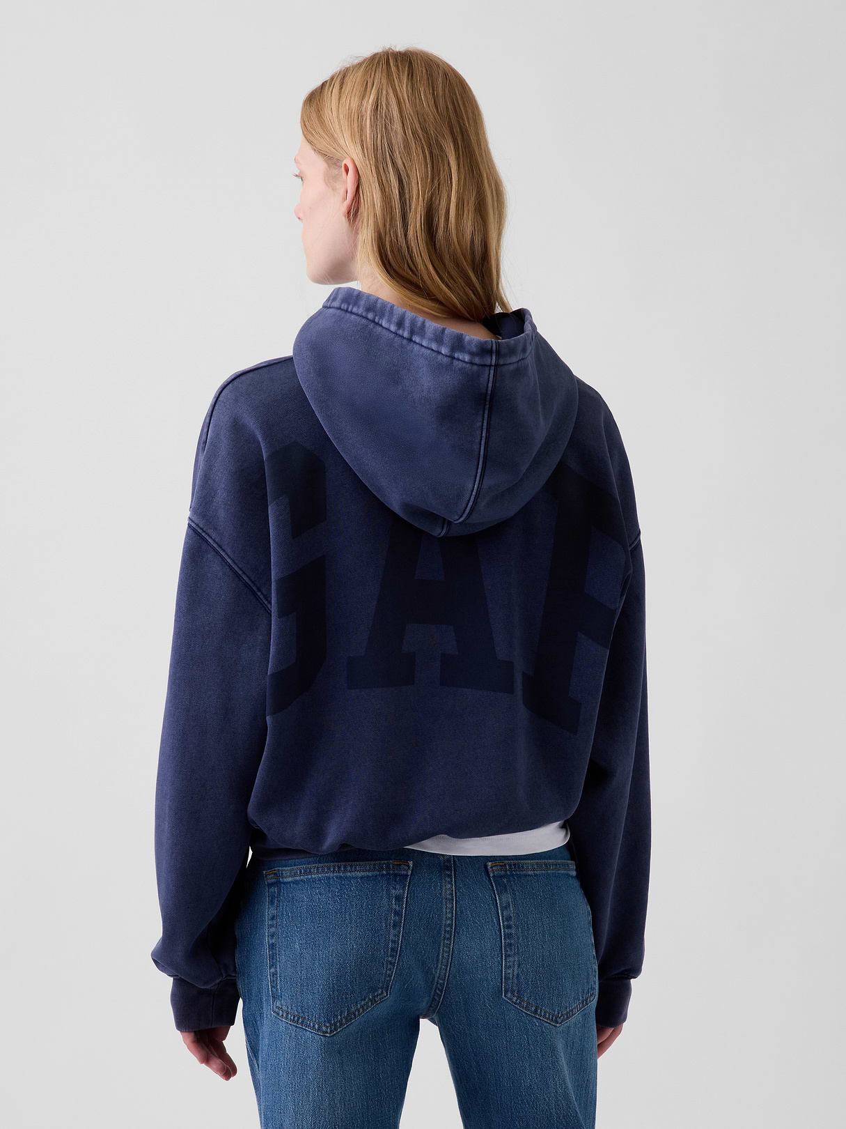 VintageSoft Crop Logo Hoodie - Tapestry navy blue wash