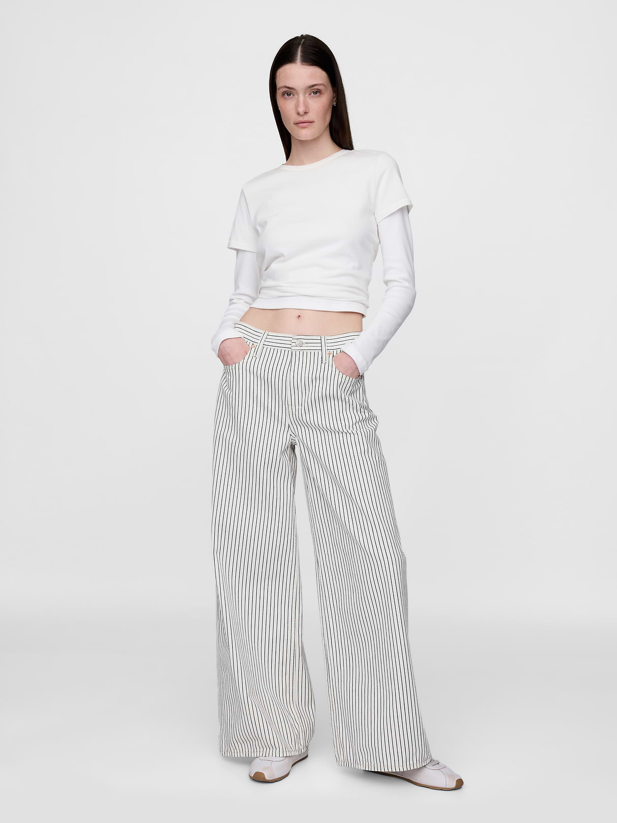Mid Rise UltraSoft Baggy Jeans - White indigo stripe