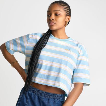 Women's adidas Originals Striped Oversized Cropped T-Shirt - Icey Blue/Orange Tint - view 5