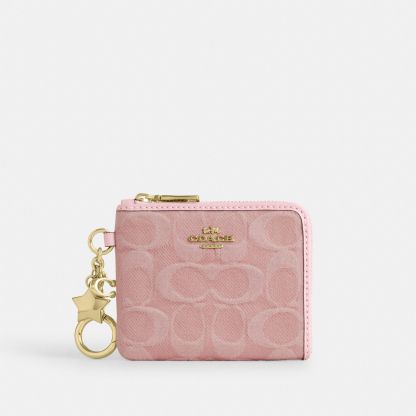 Small Corner Zip Wallet In Signature Denim With Charms - Gold/Light Pink